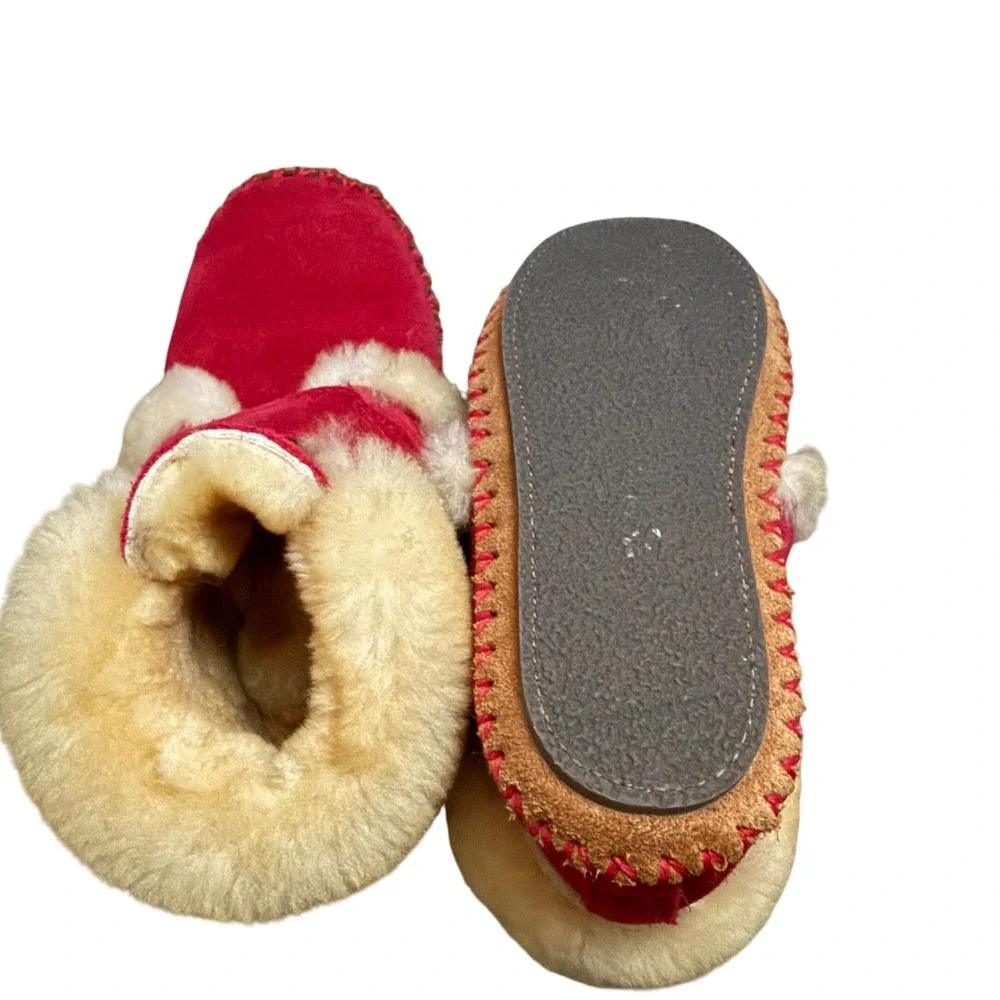New LL Bean Kids Wicked Good Slippers Red Suede Shearling Booties Toddler 7/8